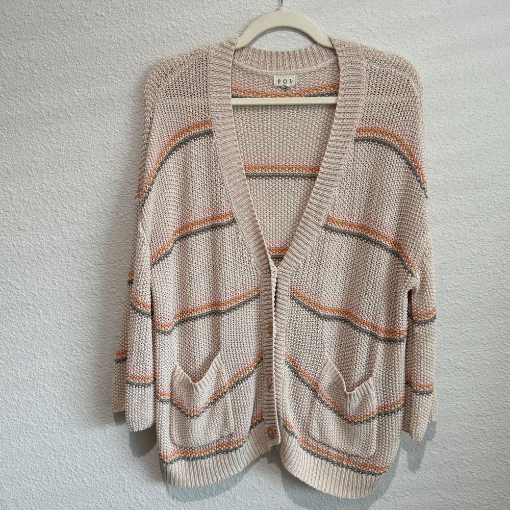 POL Womens Viscose Cardigan Small Cream Striped Boho Open Knit Beach Coastal